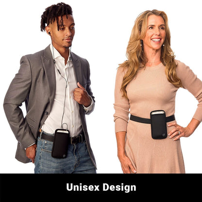 Black phone pouch worn on belt with strap, shown on person