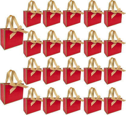 50 PCS Small Red Gold Gift Bags with Bow Ribbon - 6.4x3.1x5.1 Inch Thank You Bags with Handles, Bulk for Baby Shower, Bridal Shower, Wedding, Party Favors, Thanksgiving, Christmas - Renee Lane Company