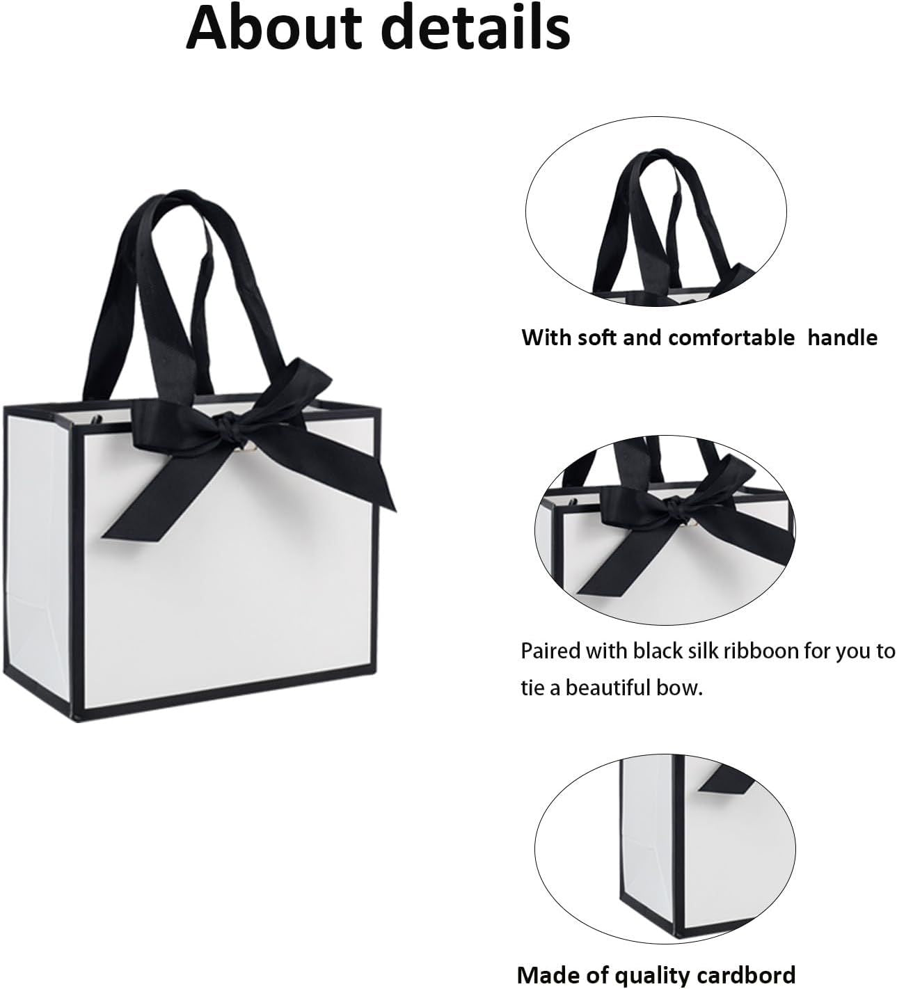50 PCS Small White Black Gift Bags with Handles, 6.4×3.1×5.1 Inch Thank You Bags with Bow Ribbon for Baby Shower, Bridal Shower, Wedding, Party Favors, Thanksgiving, Christmas - Renee Lane Company