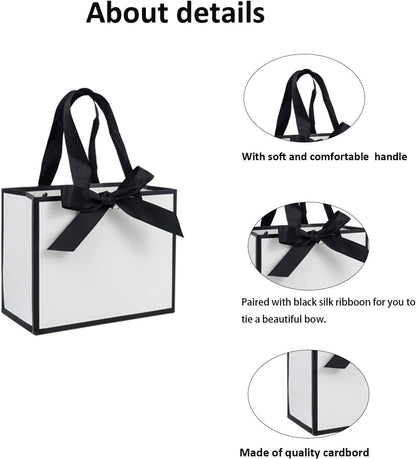 50 PCS Small White Black Gift Bags with Handles, 6.4×3.1×5.1 Inch Thank You Bags with Bow Ribbon for Baby Shower, Bridal Shower, Wedding, Party Favors, Thanksgiving, Christmas - Renee Lane Company