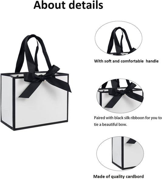 50 PCS Small White Black Gift Bags with Handles, 6.4×3.1×5.1 Inch Thank You Bags with Bow Ribbon for Baby Shower, Bridal Shower, Wedding, Party Favors, Thanksgiving, Christmas - Renee Lane Company