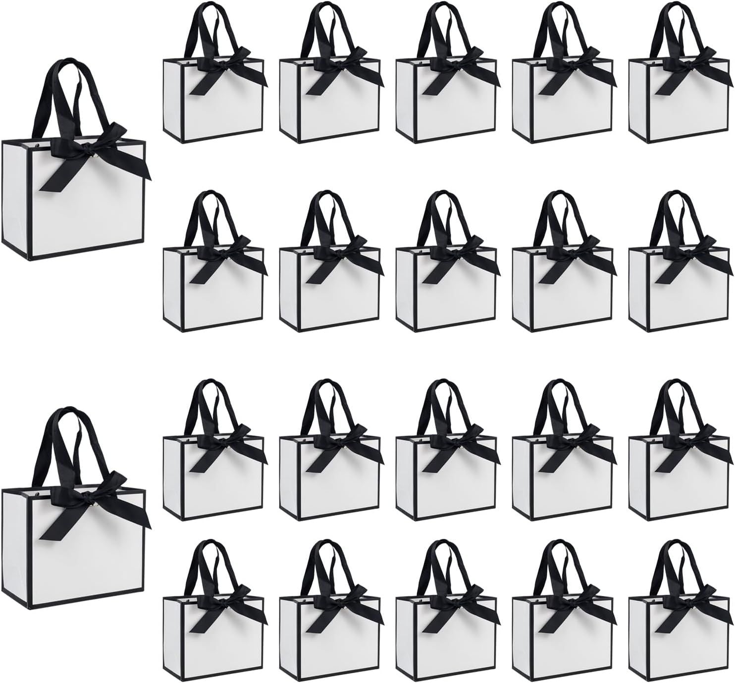 50 PCS Small White Black Gift Bags with Handles, 6.4×3.1×5.1 Inch Thank You Bags with Bow Ribbon for Baby Shower, Bridal Shower, Wedding, Party Favors, Thanksgiving, Christmas - Renee Lane Company