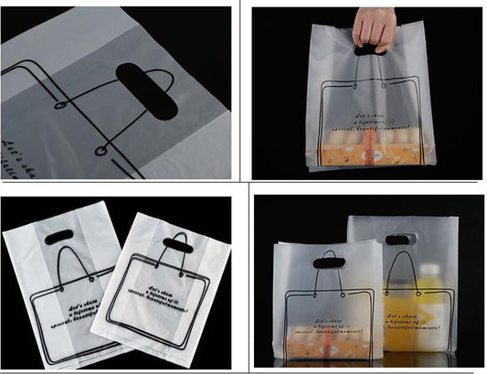 50 Pack Frosted Handle Plastic Bag Simple Lines Merchandise Bags for Baking Bento Fruits Packing - Renee Lane Company