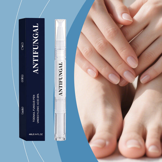 Nail care pen beside hands with smooth light pink manicured nails