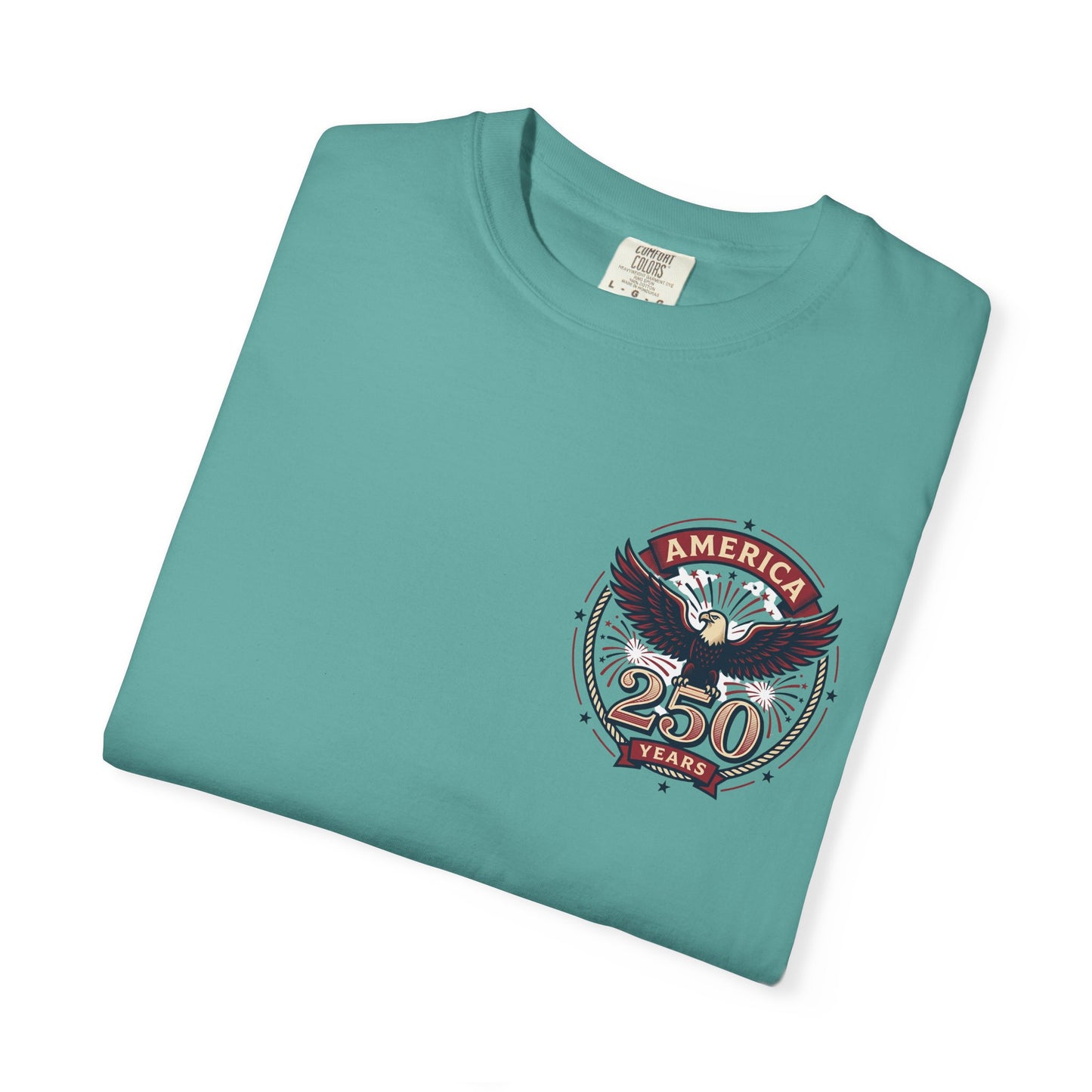 Teal T-shirt with round “America 250 Years” emblem graphic on front