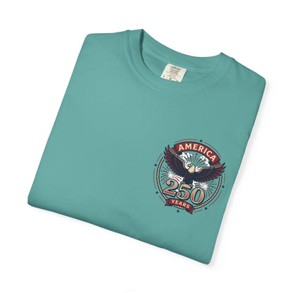 Teal T-shirt with round “America 250 Years” emblem graphic on front