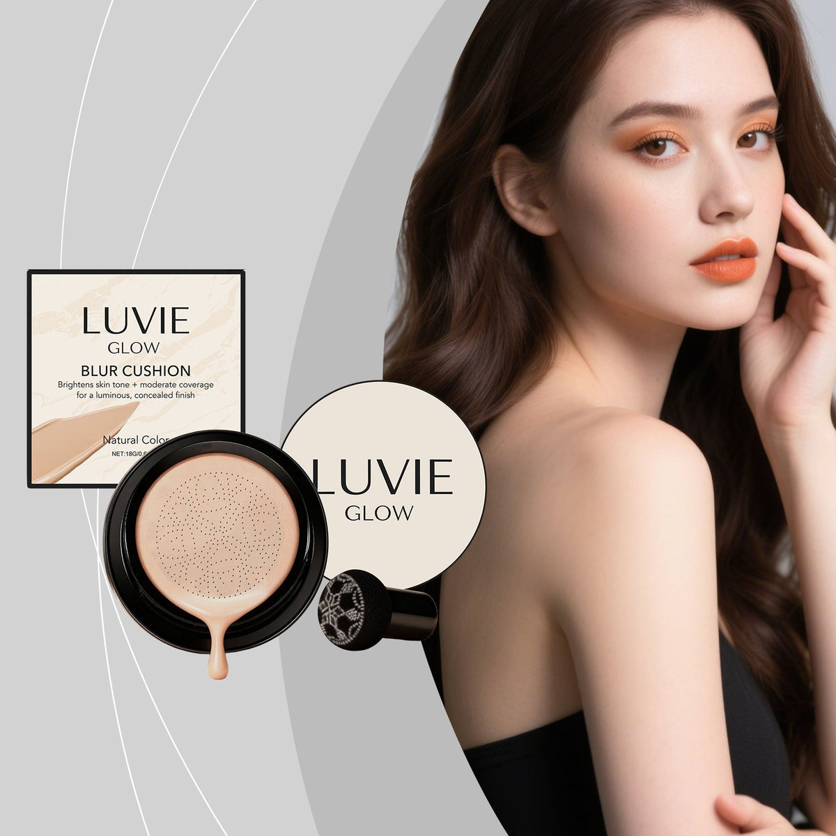 LUVE blur cushion foundation compact in natural shade beside model with makeup
