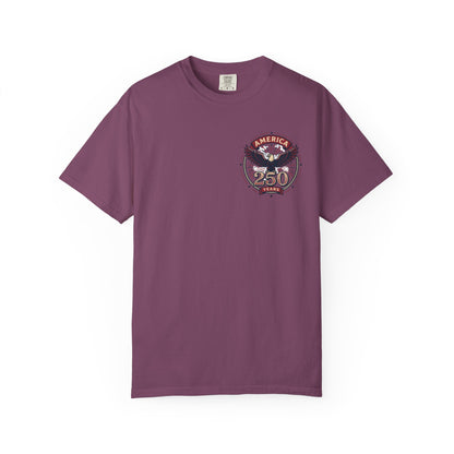 Purple T-shirt with small circular 250 years independence eagle graphic on the chest.