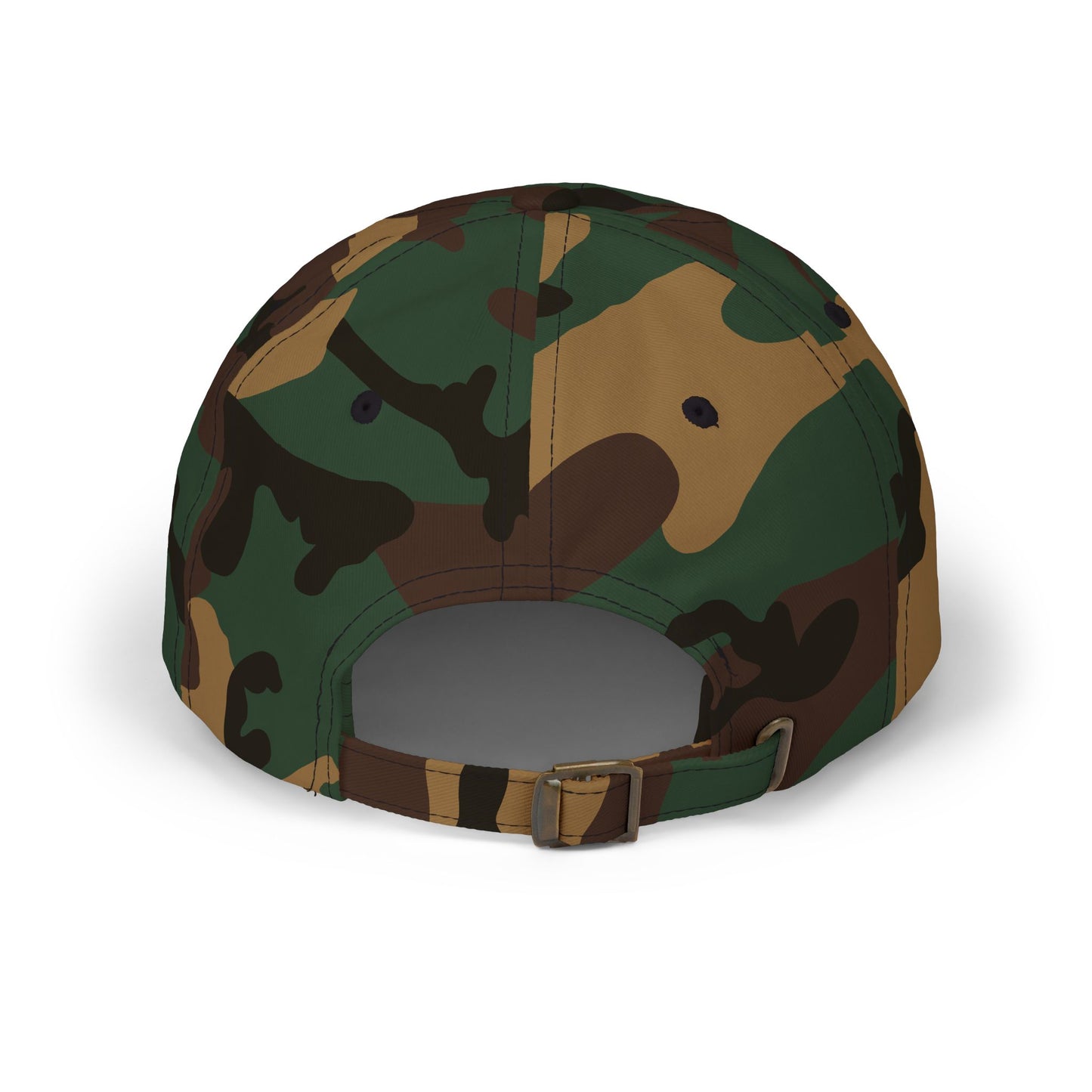 Camo dad cap with soccer crest patch, adjustable strap, and curved brim, back view.