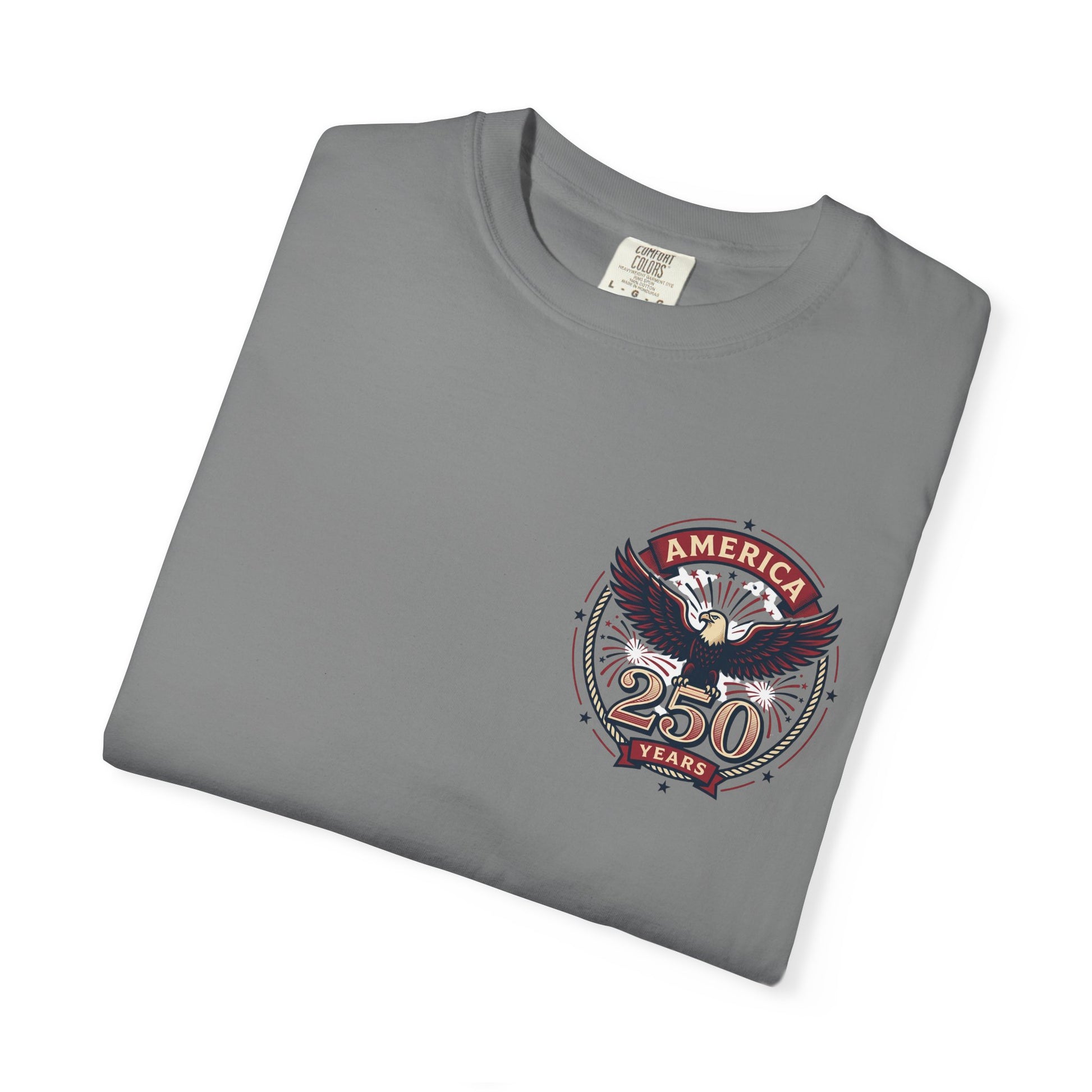 Heather gray T-shirt with round “America 250 Years” emblem on the chest