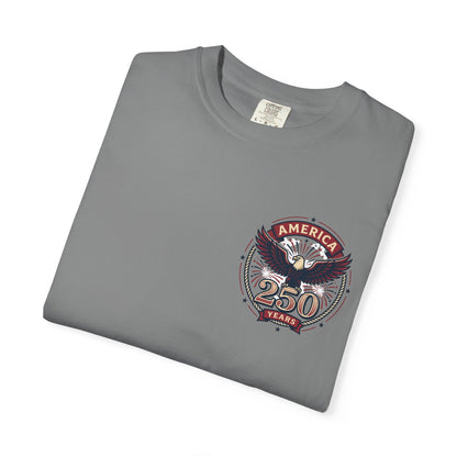 Heather gray T-shirt with round “America 250 Years” emblem on the chest