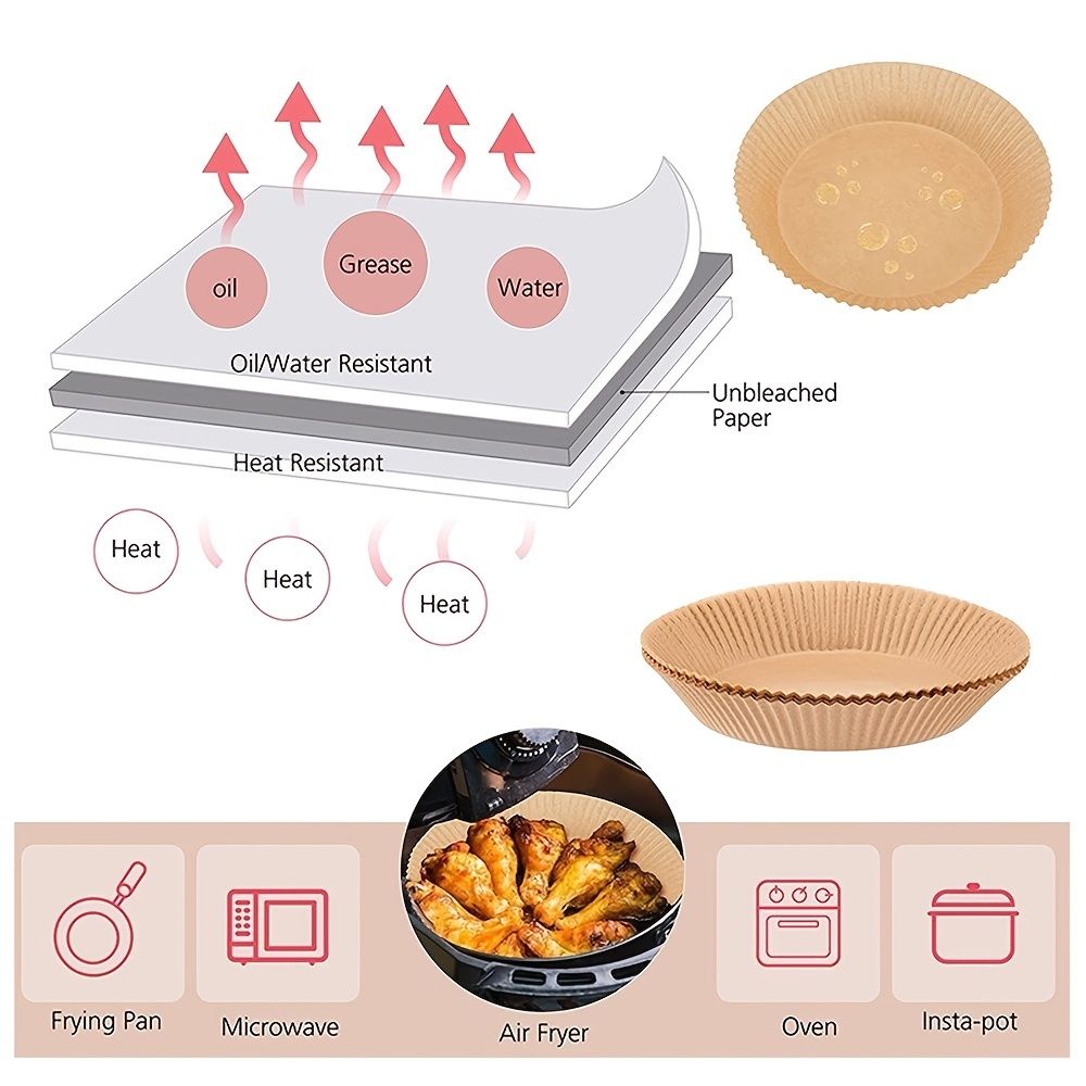 50pcs Air Fryer Disposable Paper Liner; Parchment Paper; Non-stick Disposable Air Fryer Liners; Baking Paper; Oil-proof; Water-proof; Parchment For Baking Roasting Microwave - Renee Lane Company