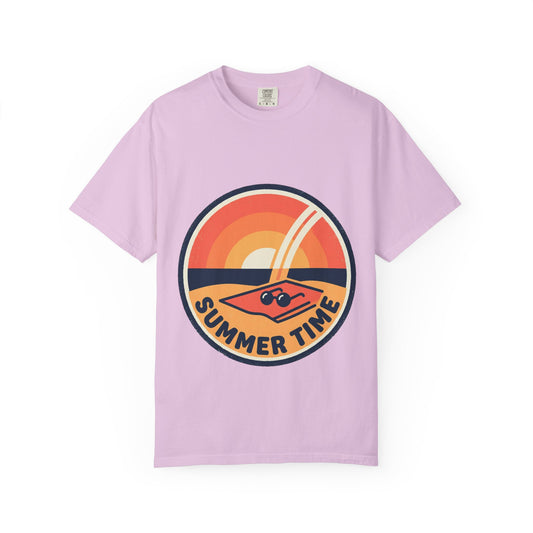 Lavender short-sleeve T-shirt with 'Summer Time' retro sunset surf graphic on front