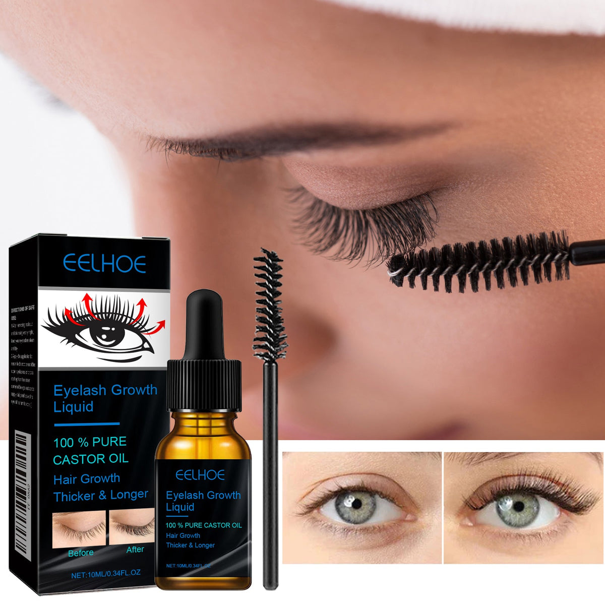 Eyelash serum bottle with wand brush and lash comb-like applicator close-up