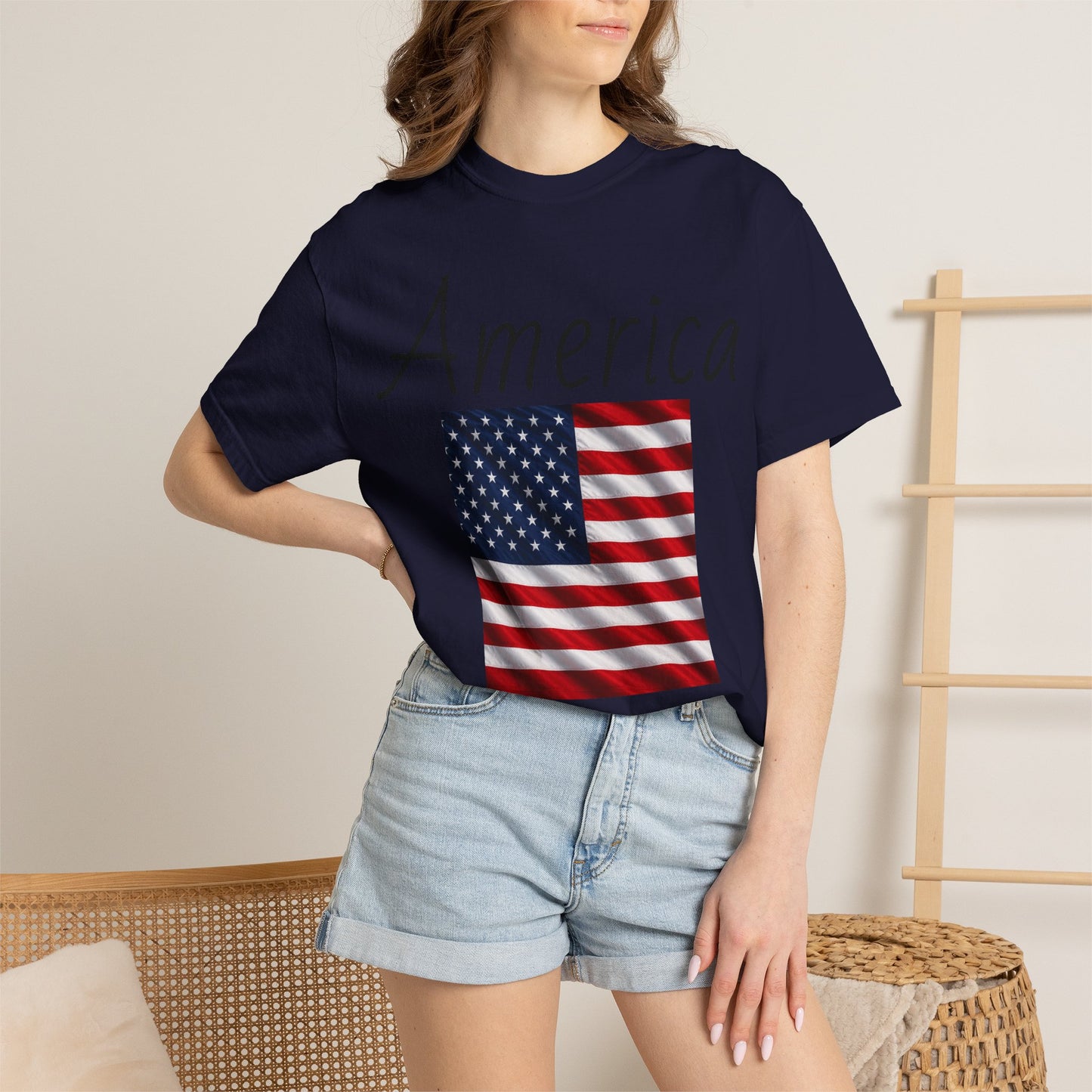 Unisex T-shirt, dark navy, “America” text with U.S. flag graphic on front