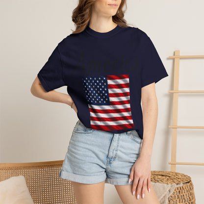 Unisex T-shirt, dark navy, “America” text with U.S. flag graphic on front
