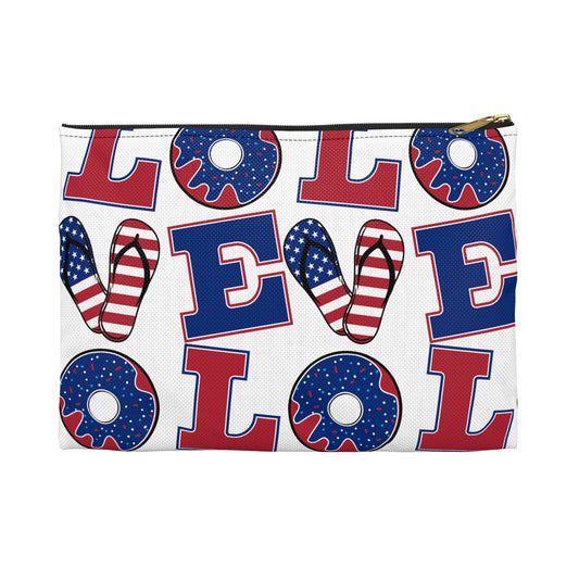 Accessory pouch with patriotic letter and icon pattern on white fabric, black zipper.