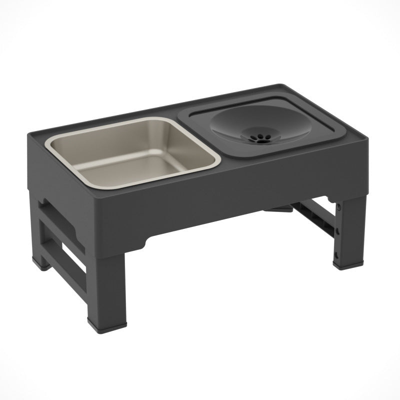 Elevated dog double feeding bowl stand with stainless food insert and dark gray base