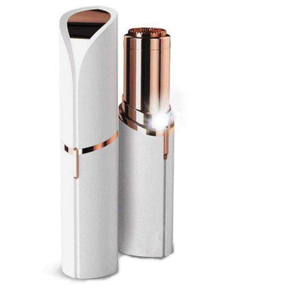 Gold-plated facial hair remover with white case, copper head.