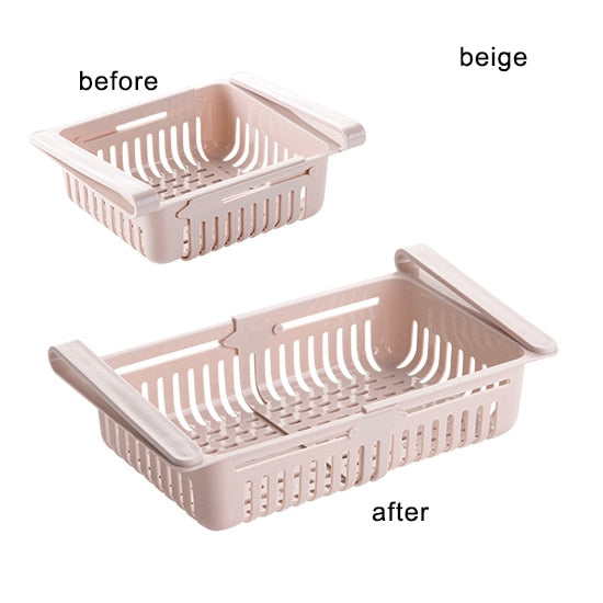 Beige plastic kitchen shelf organizer basket with vented sides and open top