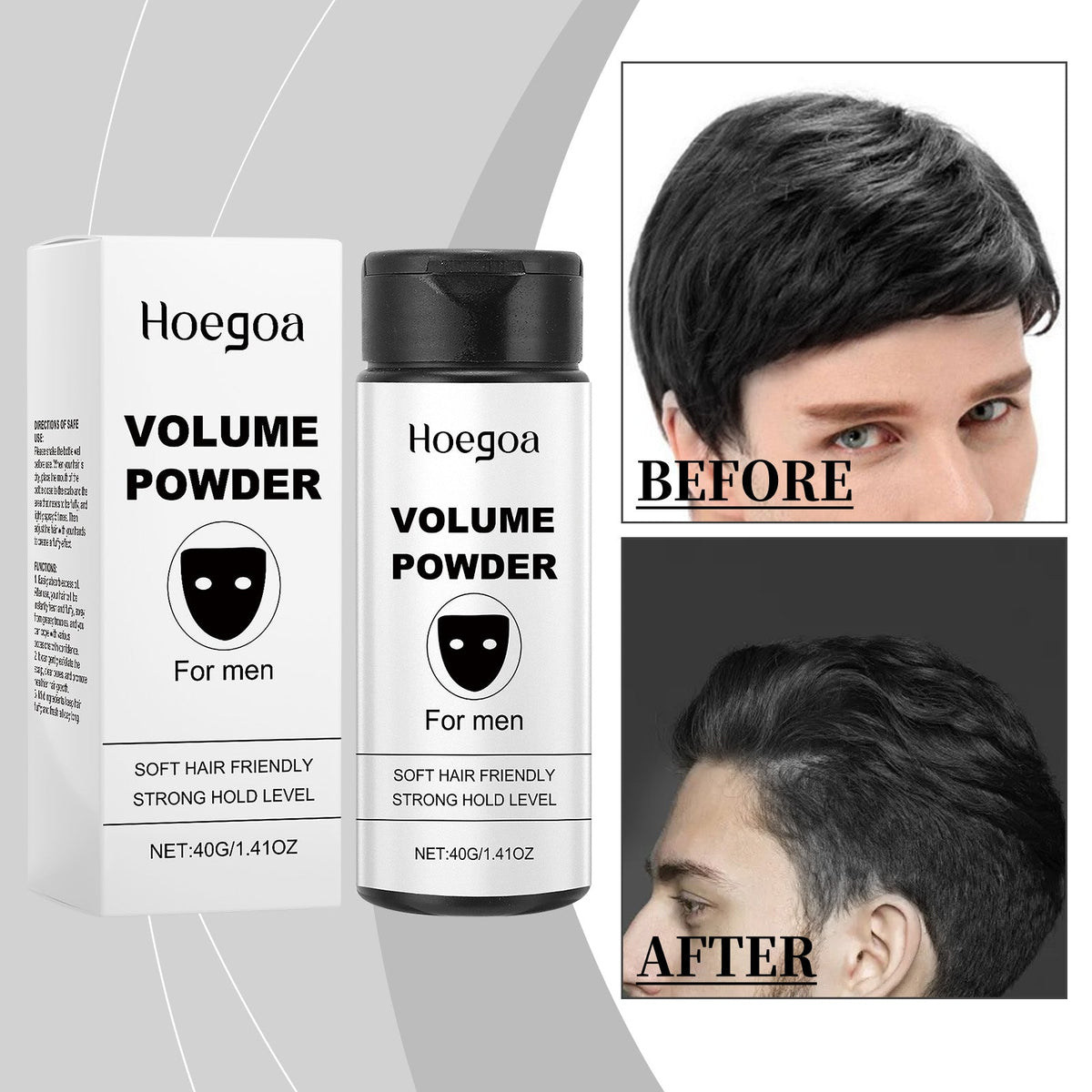 Hoegoa volumizing styling powder bottle with black cap beside white Volume Powder box