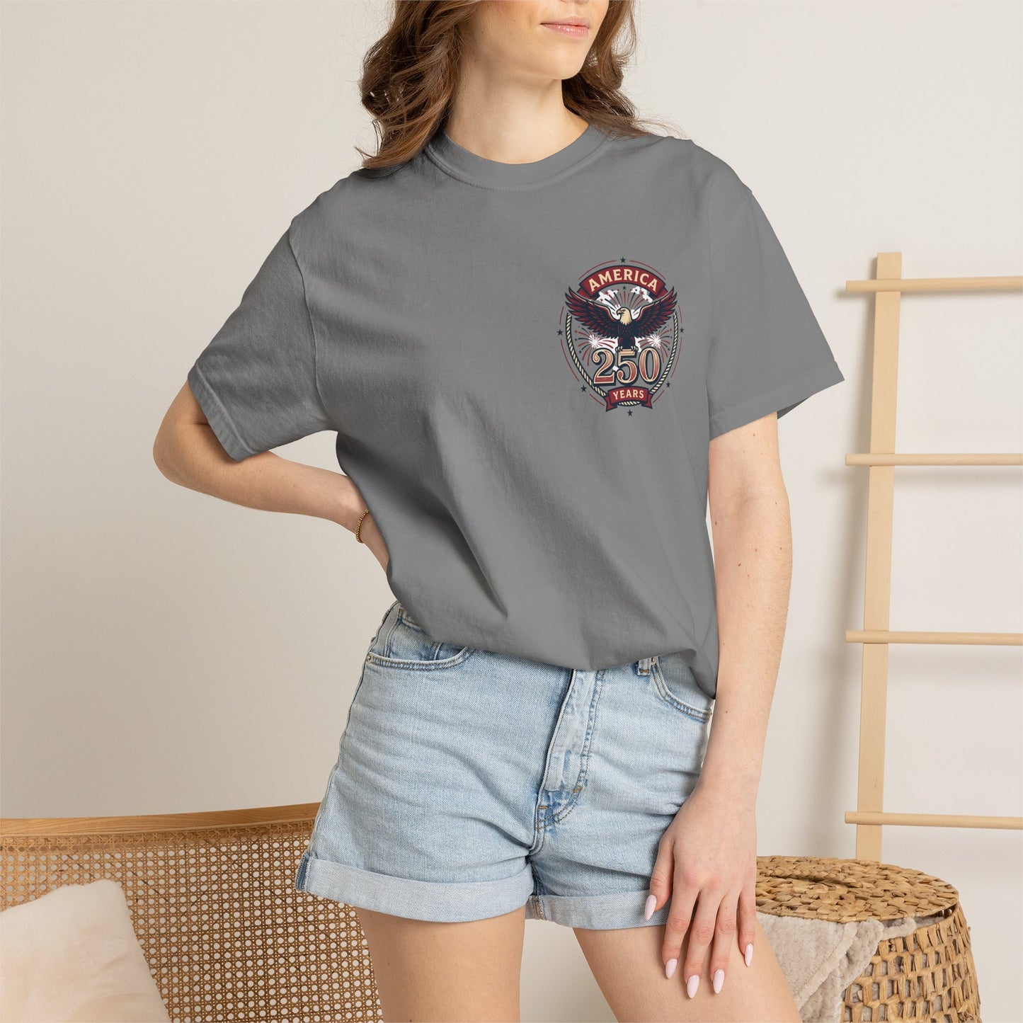 Heather gray T-shirt with round “America 250 Years” emblem chest print