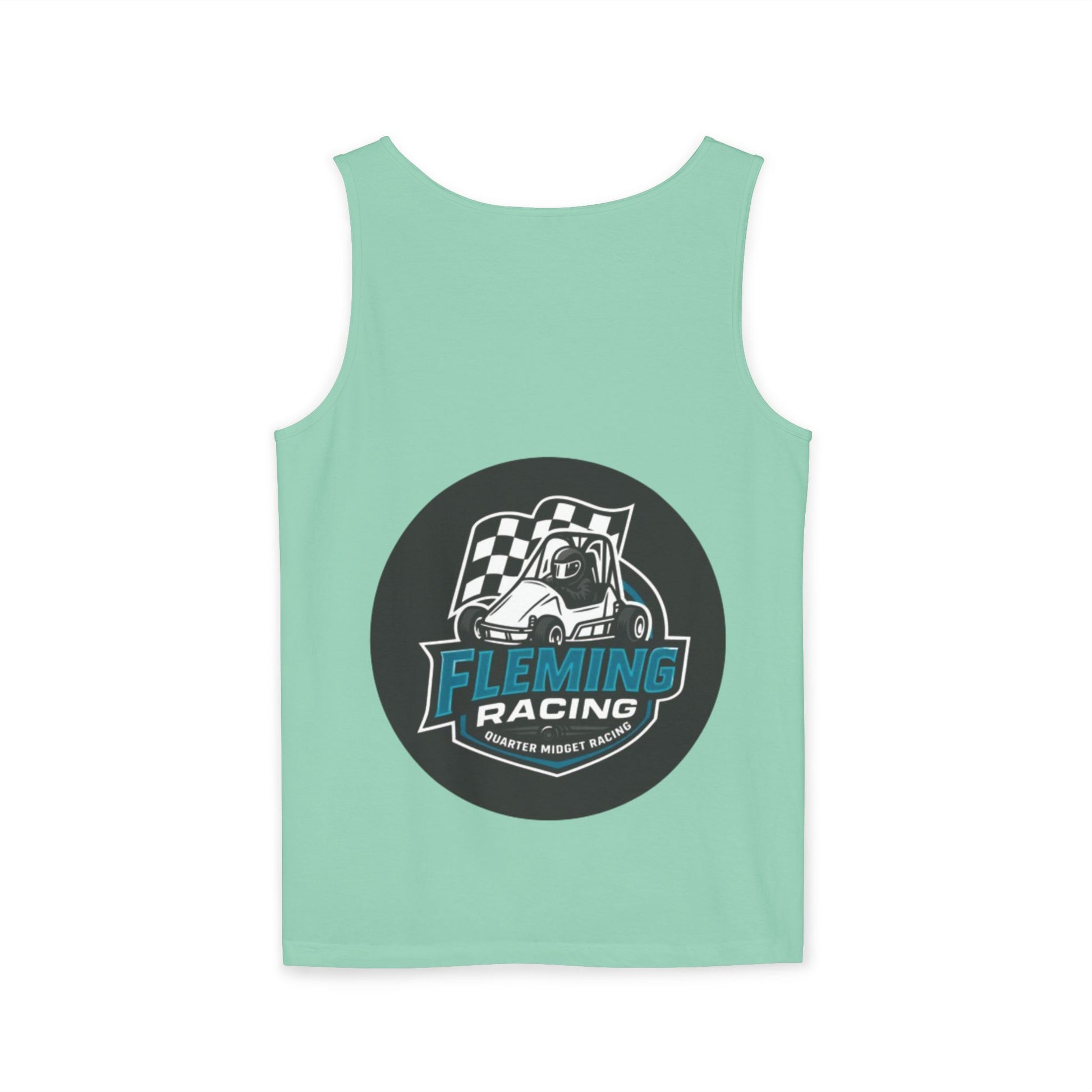 Fleming Racing tank top in mint green, front race logo circle graphic