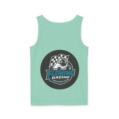 Fleming Racing tank top in mint green, front race logo circle graphic