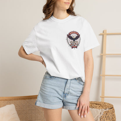 White T-shirt with circular "America" eagle emblem and "250 Years" graphic on the chest.
