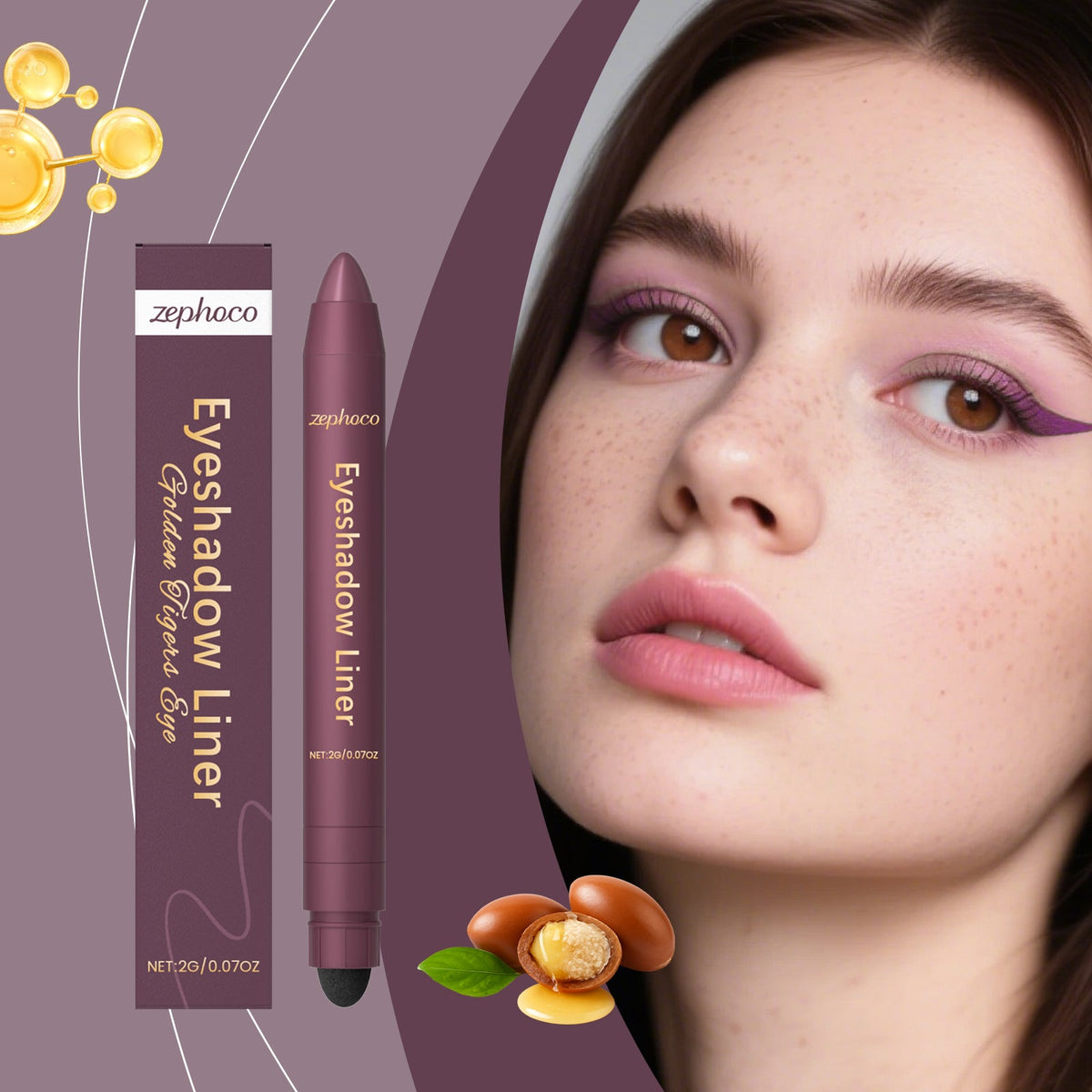 2-in-1 eyeliner pencil with purple eyeliner on model's eyes, front view