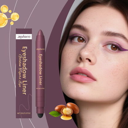 2-in-1 eyeliner pencil with purple eyeliner on model's eyes, front view