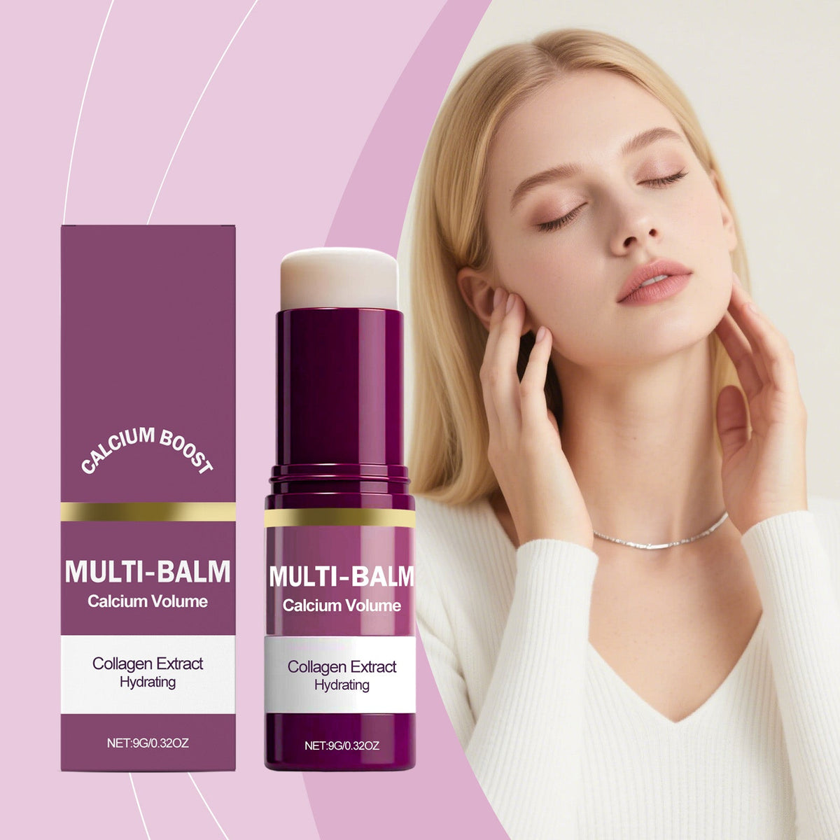 Moisturizing skin balm set: purple cylindrical balm container with beige cap and box.