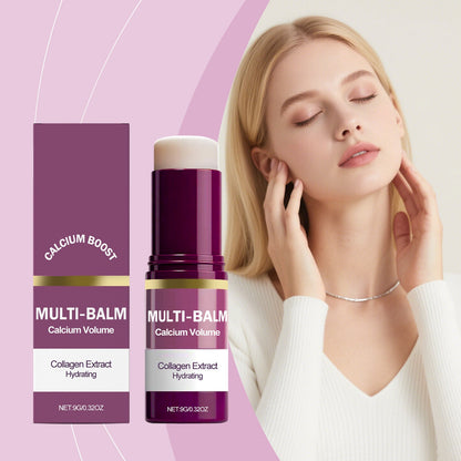 Moisturizing skin balm set: purple cylindrical balm container with beige cap and box.