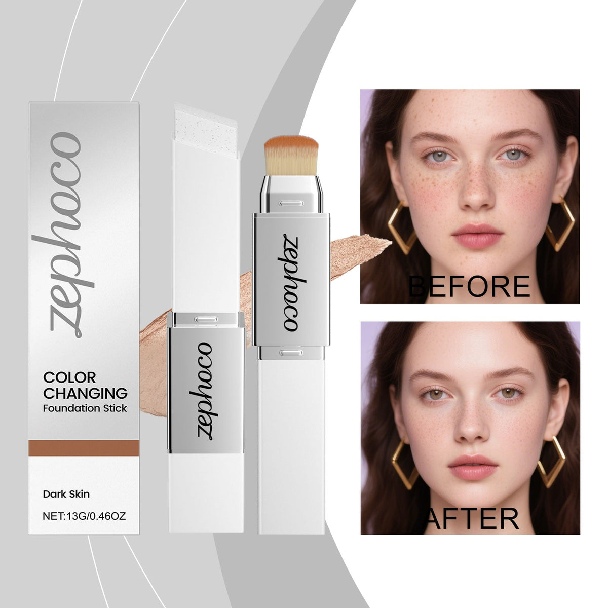 Color-changing foundation stick with brush tip and compact, styled beside a model face