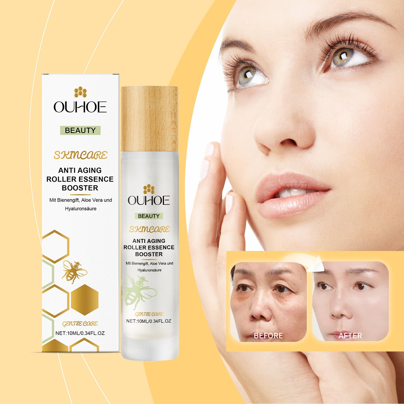OUHOE night roll-on serum box and silver roller tube shown beside cheek