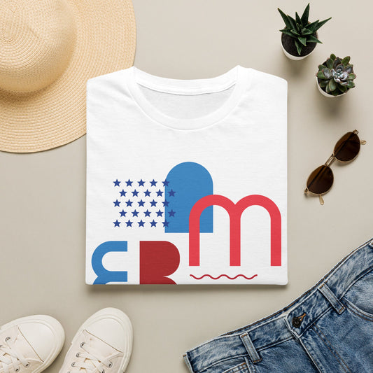 White graphic T-shirt with red and blue stars and wave flag print