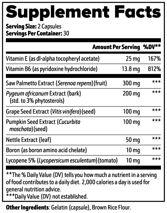 Supplement Facts label with vitamins, herbs, and dosages in a table format