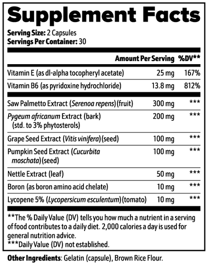 Supplement Facts label with vitamins, herbs, and dosages in a table format
