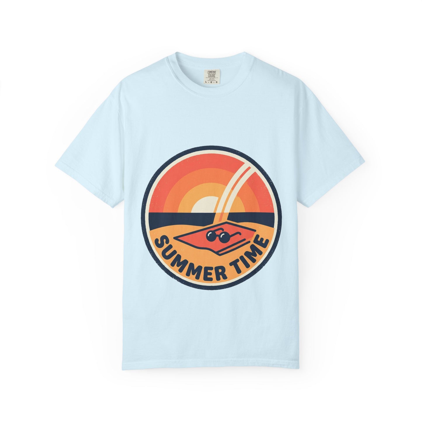 Light blue short-sleeve T-shirt with 'Summer Time' retro sunset surf graphic on front
