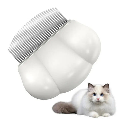 Pet shell grooming comb with fine metal teeth, white rounded shell design