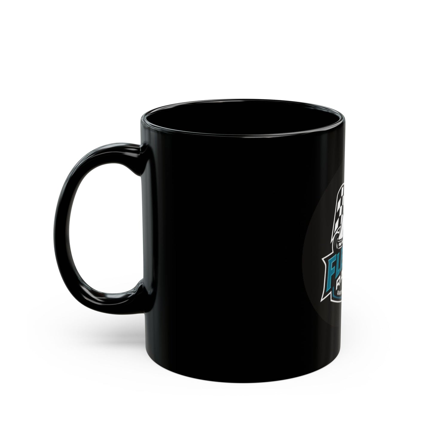 Black ceramic mug with partial Fleming Racing logo on right side