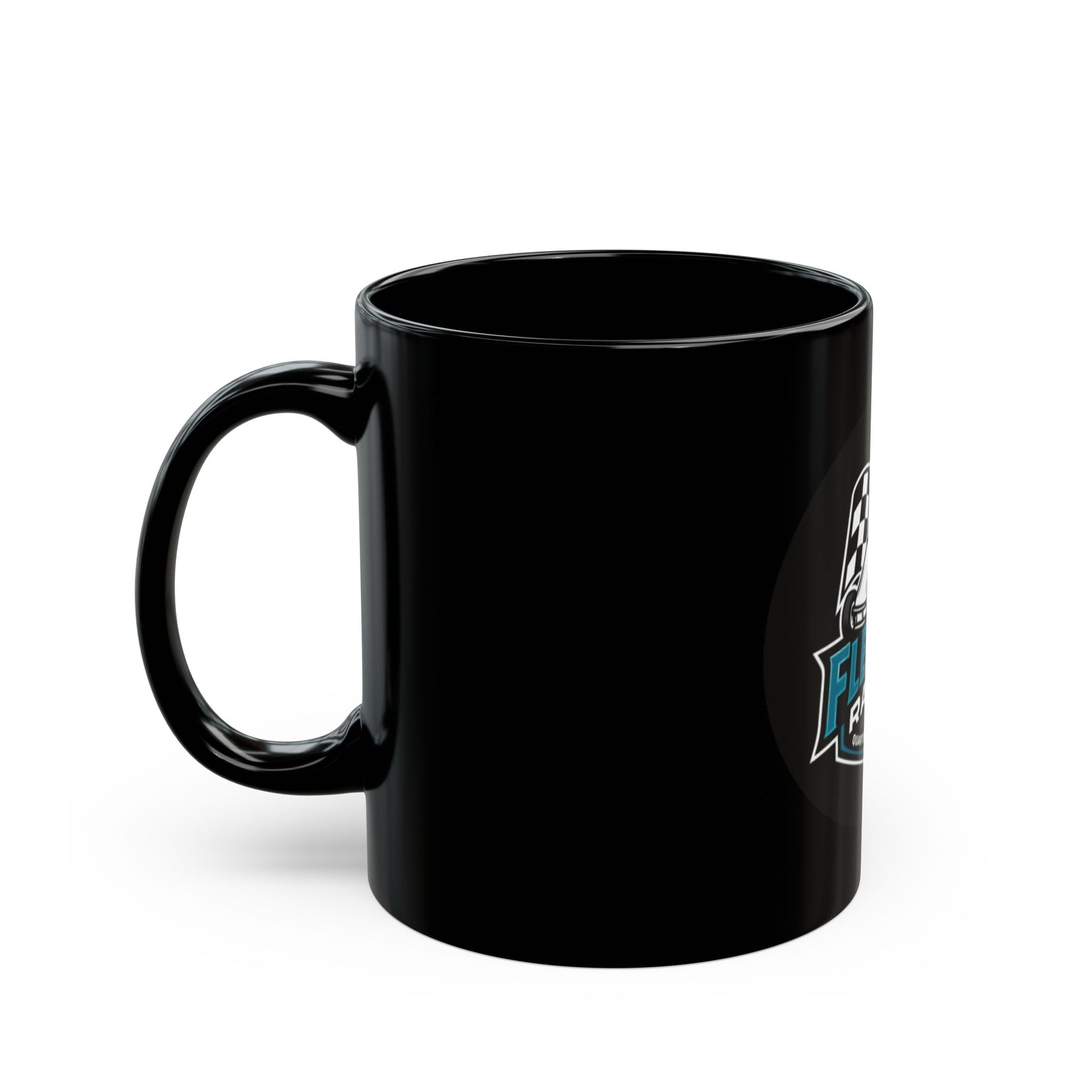Black ceramic mug with partial Fleming Racing logo on right side