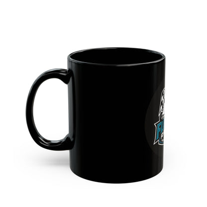 Black ceramic mug with partial Fleming Racing logo on right side