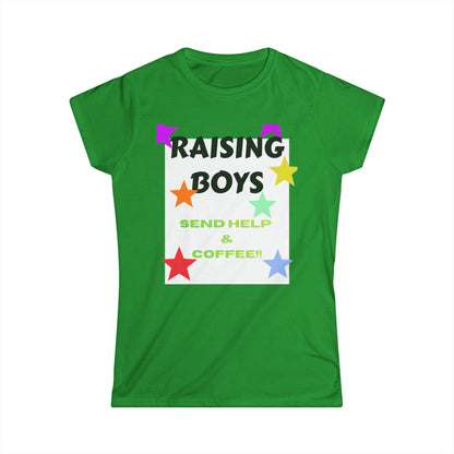Green T-shirt with colorful “RAISING BOYS” graphic and star accents; “SEND HELP & COFFEE”.