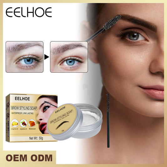 Eyebrow styling gel kit: round jar, spoolie brush, and product box for grooming brows.