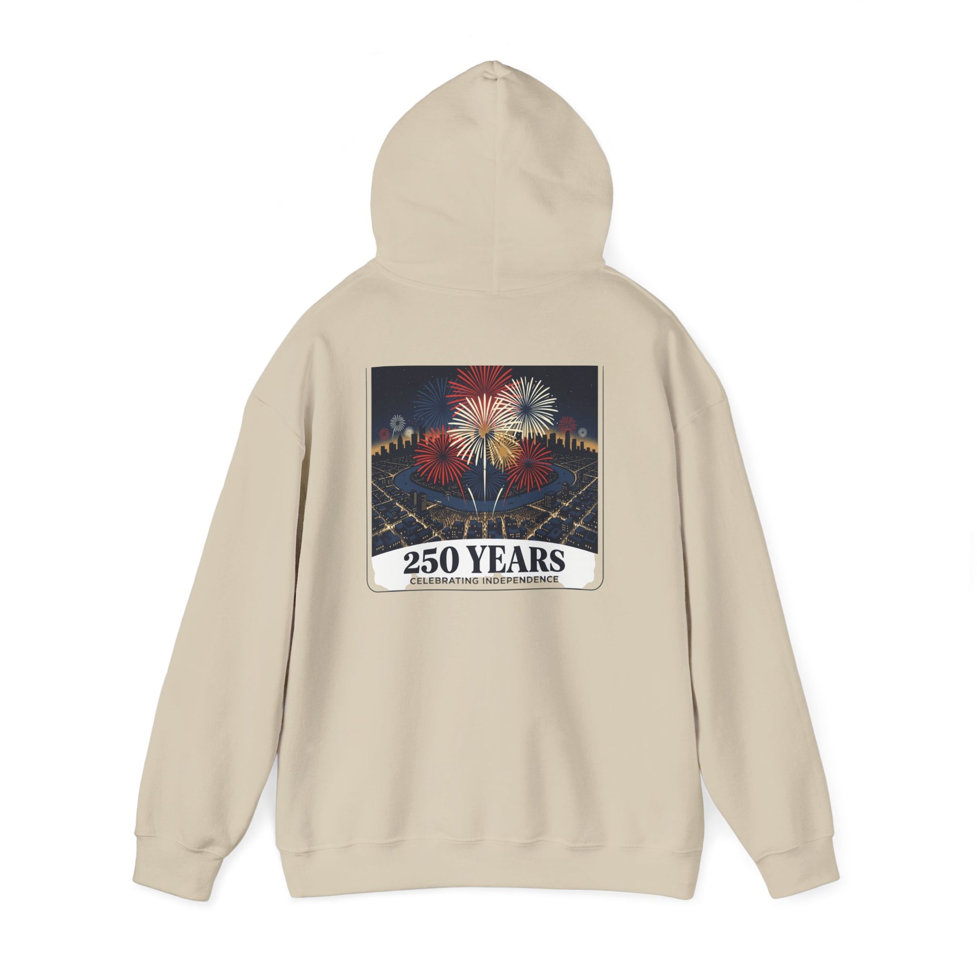 Beige pullover hoodie with fireworks “250 years” graphic centered on the back