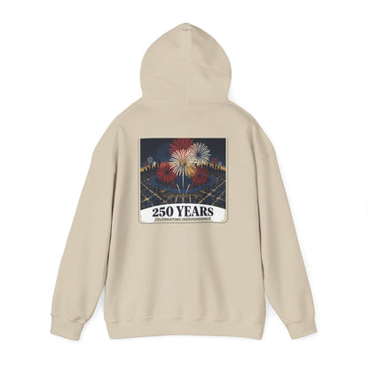 Beige pullover hoodie with fireworks “250 years” graphic centered on the back