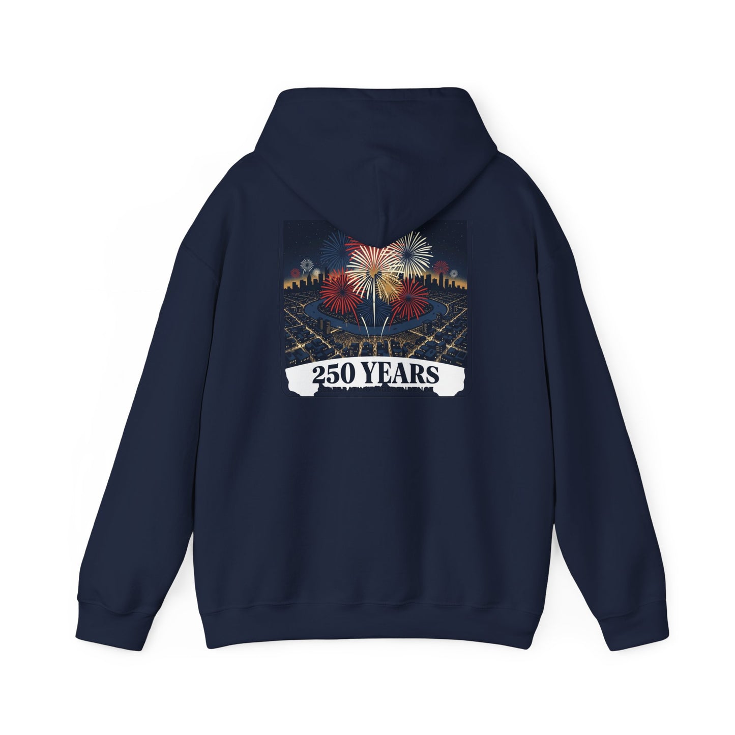 Navy graphic hoodie with back fireworks “250 years” print