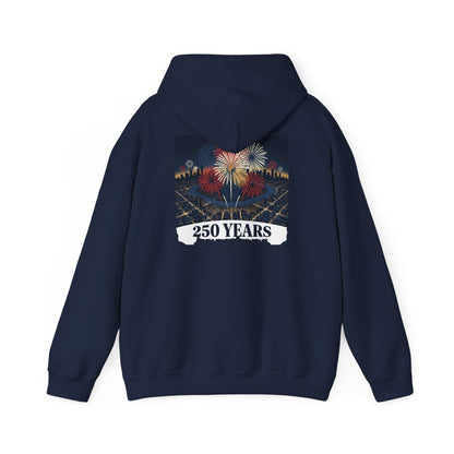 Navy graphic hoodie with back fireworks “250 years” print