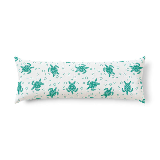 Teal sea turtle pattern body pillow with dotted bubble accents on light fabric